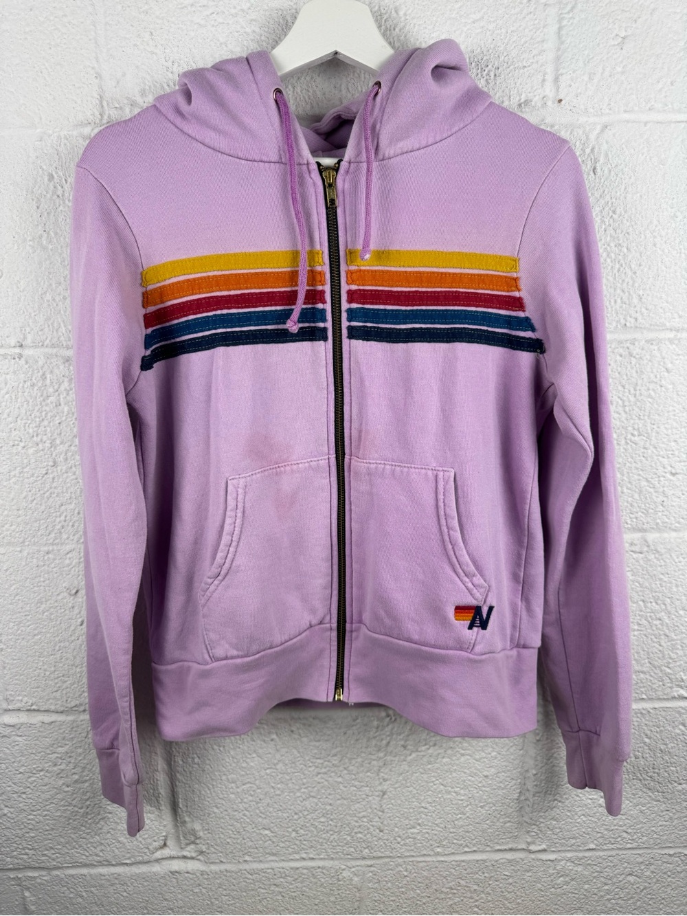 Aviator Nation 5 Stripe Zip Hoodie XS Lavender Purple Rainbow Made in USA
